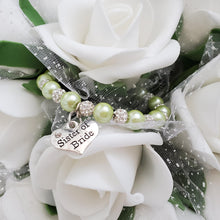Load image into Gallery viewer, Handmade sister of the bride pearl and pave crystal rhinestone charm bracelet - light green or custom color - Sister of the Groom Bracelet - Bridal Bracelets