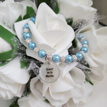 Load image into Gallery viewer, Handmade sister of the groom pearl and pave crystal rhinestone charm bracelet - light blue or custom color - Sister of the Groom Bracelet - Bridal Bracelets