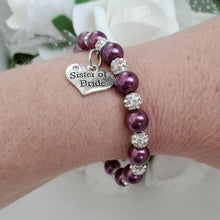 Load image into Gallery viewer, Handmade sister of the bride pearl and pave crystal rhinestone charm bracelet - burgundy red or custom color - Sister of the Groom Bracelet - Bridal Bracelets