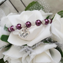 Load image into Gallery viewer, Handmade sister of the bride pearl and pave crystal rhinestone charm bracelet, burgundy red or custom color - Sister of the Bride Bracelet - Bridal Gifts - Bracelets