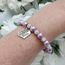 Load image into Gallery viewer, Handmade sister of the bride pearl and pave crystal rhinestone charm bracelet, lavender purple or custom color - Sister of the Bride Bracelet - Bridal Gifts - Bracelets