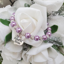 Load image into Gallery viewer, Handmade sister of the bride pearl and pave crystal rhinestone charm bracelet, lavender purple or custom color - Sister of the Bride Bracelet - Bridal Gifts - Bracelets