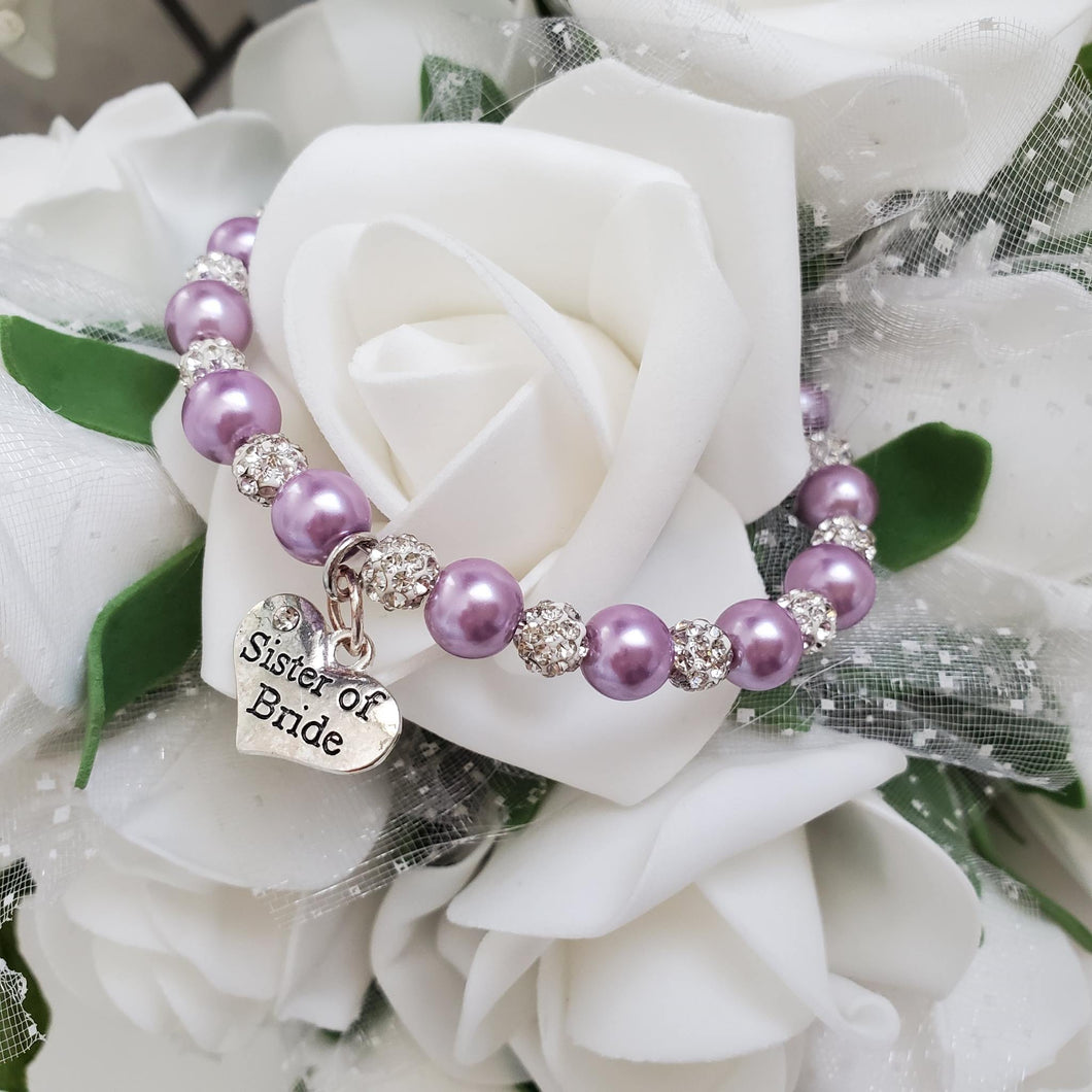 Handmade sister of the bride pearl and pave crystal rhinestone charm bracelet, lavender purple or custom color - Sister of the Bride Bracelet - Bridal Gifts - Bracelets