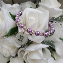 Load image into Gallery viewer, Handmade sister of the bride pearl and pave crystal rhinestone charm bracelet - lavender purple or custom color - Sister of the Groom Bracelet - Bridal Bracelets