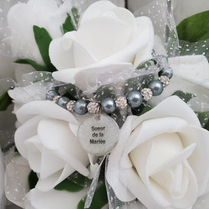 Handmade sister of the bride pearl and pave crystal rhinestone charm bracelet, dark grey or custom color - Sister of the Bride Bracelet - Bridal Gifts - Bracelets