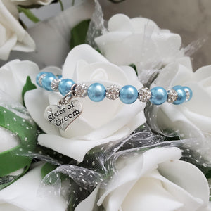 Handmade sister of the groom pearl and pave crystal rhinestone charm bracelet - light blue or custom color - Sister of the Groom Bracelet - Bridal Bracelets