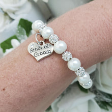 Load image into Gallery viewer, Handmade sister of the groom pearl and pave crystal rhinestone charm bracelet - ivory or custom color - Sister of the Groom Bracelet - Bridal Bracelets