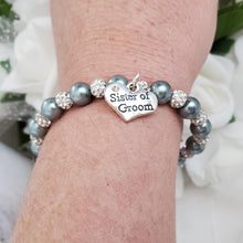 Load image into Gallery viewer, Handmade sister of the groom pearl and pave crystal rhinestone charm bracelet - dark grey or custom color - Sister of the Groom Bracelet - Bridal Bracelets