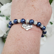 Load image into Gallery viewer, Handmade sister of the groom pearl and pave crystal rhinestone charm bracelet - dark blue or custom color - Sister of the Groom Bracelet - Bridal Bracelets