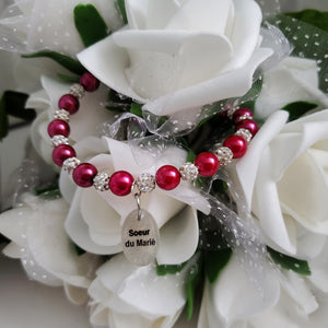 Handmade sister of the bride pearl and pave crystal rhinestone charm bracelet - dark pink or custom color - Sister of the Groom Bracelet - Bridal Bracelets