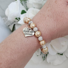 Load image into Gallery viewer, Handmade sister of the groom pearl and pave crystal rhinestone charm bracelet - champagne or custom color - Sister of the Groom Bracelet - Bridal Bracelets