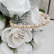 Load image into Gallery viewer, Handmade sister of the groom pearl and pave crystal rhinestone charm bracelet - champagne or custom color - Sister of the Groom Bracelet - Bridal Bracelets