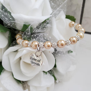 Handmade sister of the groom pearl and pave crystal rhinestone charm bracelet - champagne or custom color - Sister of the Groom Bracelet - Bridal Bracelets