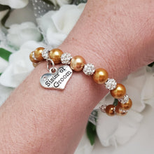 Load image into Gallery viewer, Handmade sister of the groom pearl and pave crystal rhinestone charm bracelet - copper or custom color - Sister of the Groom Bracelet - Bridal Bracelets