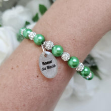 Load image into Gallery viewer, Handmade sister of the bride pearl and pave crystal rhinestone charm bracelet - green or custom color - Sister of the Groom Bracelet - Bridal Bracelets