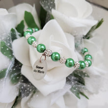 Load image into Gallery viewer, Handmade sister of the bride pearl and pave crystal rhinestone charm bracelet - green or custom color - Sister of the Groom Bracelet - Bridal Bracelets