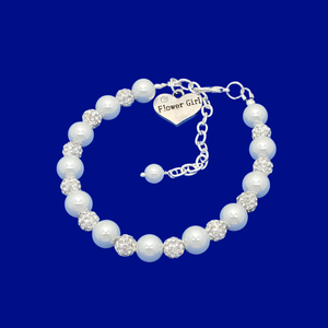 Flower Girl Gift - Flower Girl Bracelet - Bridal Gifts - flower girl handmade pearl and crystal charm bracelet, white and silver