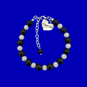 Flower Girl Gift - Flower Girl Bracelet - Bridal Gifts - flower girl handmade pearl and crystal charm bracelet, black and silver