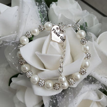 Load image into Gallery viewer, Handmade Flower Girl pearl and pave crystal charm bracelet - Flower Girl Gift - Flower Girl Bracelet - Bridal Gifts -  white and silver