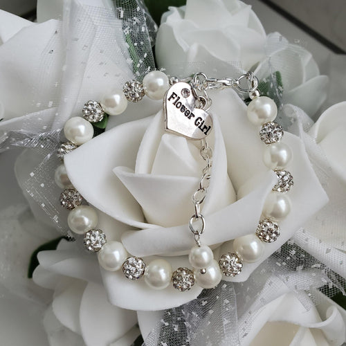 Handmade Flower Girl pearl and pave crystal charm bracelet - Flower Girl Gift - Flower Girl Bracelet - Bridal Gifts -  white and silver