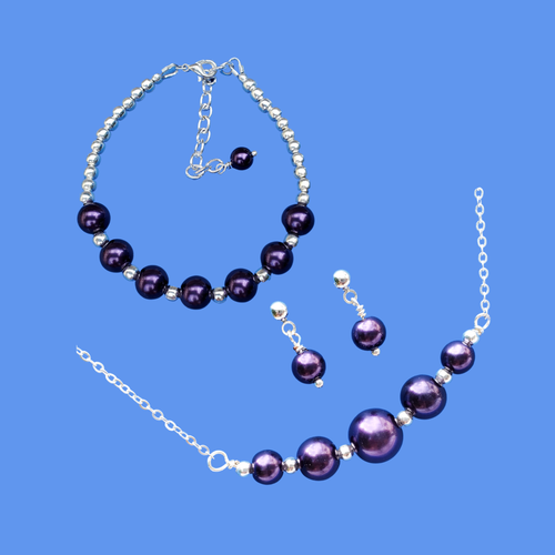 Jewelry Sets - Bridesmaid Gifts - Pearl Set - A silver accented bar necklace accompanied by a bracelet and a pair of stud earrings. dark purple or custom color