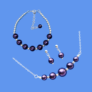 Jewelry Sets - Bridesmaid Gifts - Pearl Set - A silver accented bar necklace accompanied by a bracelet and a pair of stud earrings. dark purple or custom color