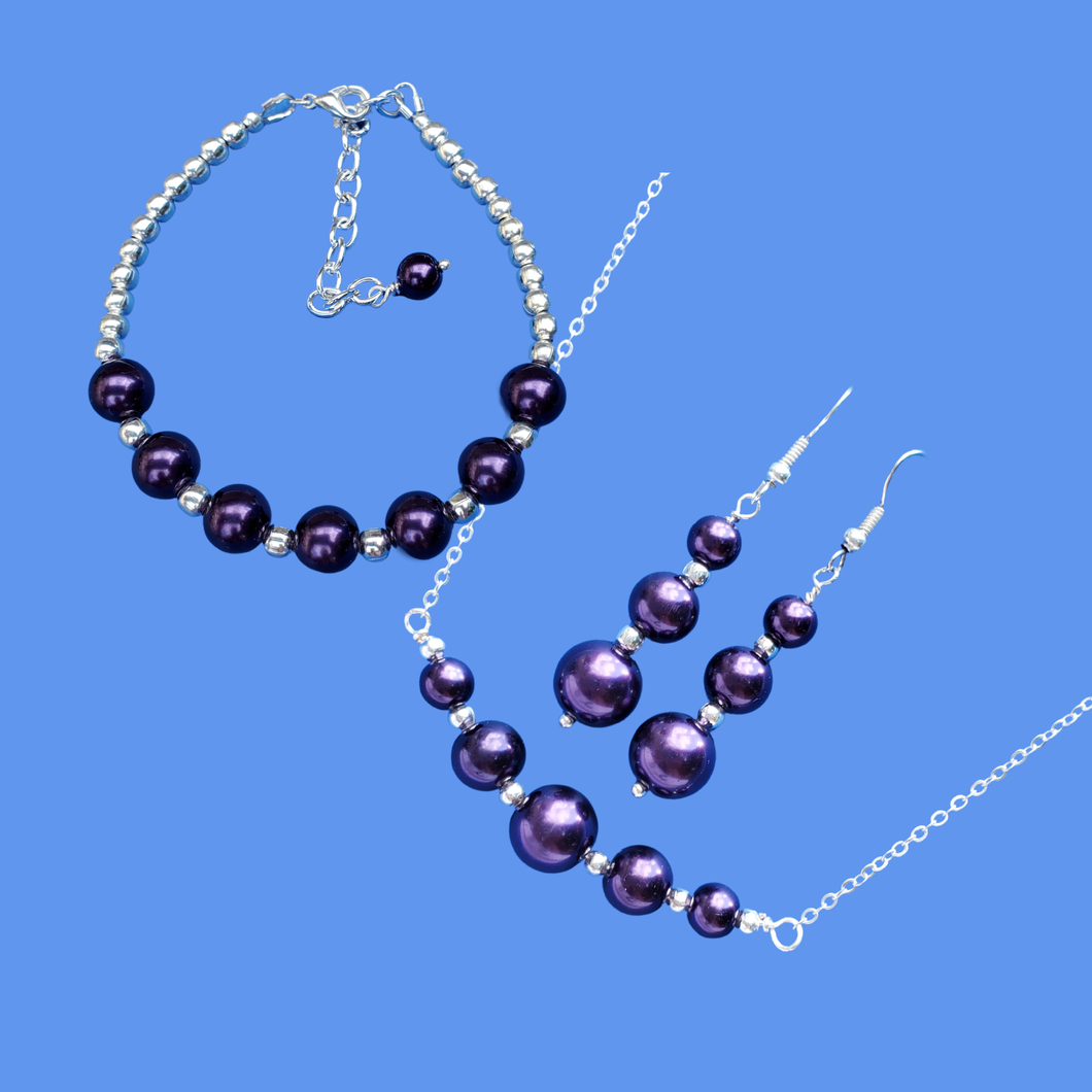 Pearl Jewelry Set - Pearl Set - Jewelry Set , handmade silver accented bar necklace accompanied by a bracelet and a pair of drop earrings, dark purple or custom color