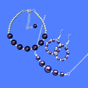 Pearl Jewelry Set - Jewelry Sets - Bridal Party Gifts - handmade silver accented pearl bar necklace accompanied by a bracelet and a pair of hoop earrings, purple and silver