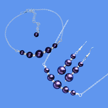 Load image into Gallery viewer, Jewelry Set - Necklace Set - Bridal Sets, handmade silver accented pearl bar necklace accompanied by a matching bracelet and a pair of drop earrings, dark purple or custom color
