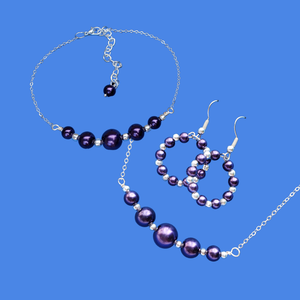 Pearl Jewelry Set - Necklace Set - Jewelry Set, handmade silver accented bar necklace accompanied by a matching bracelet and a pair of hoop earrings, dark purple or custom color