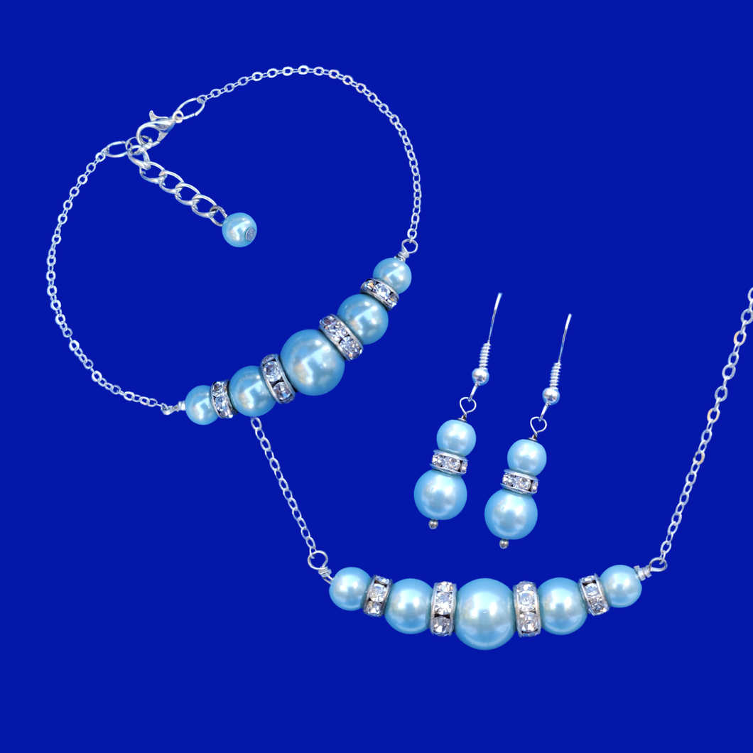 A handmade pearl and crystal bar necklace accompanied by a matching bracelet and a pair of drop earrings. light blue or custom color - Pearl Set - Jewelry Set - Bridesmaid Proposal