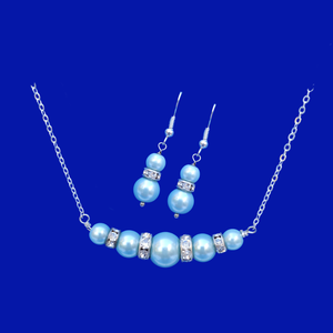 Necklace And Earring Set - Bridesmaid Gift Ideas - handmade pearl and crystal bar necklace accompanied by a pair of drop earrings, light blue or custom color