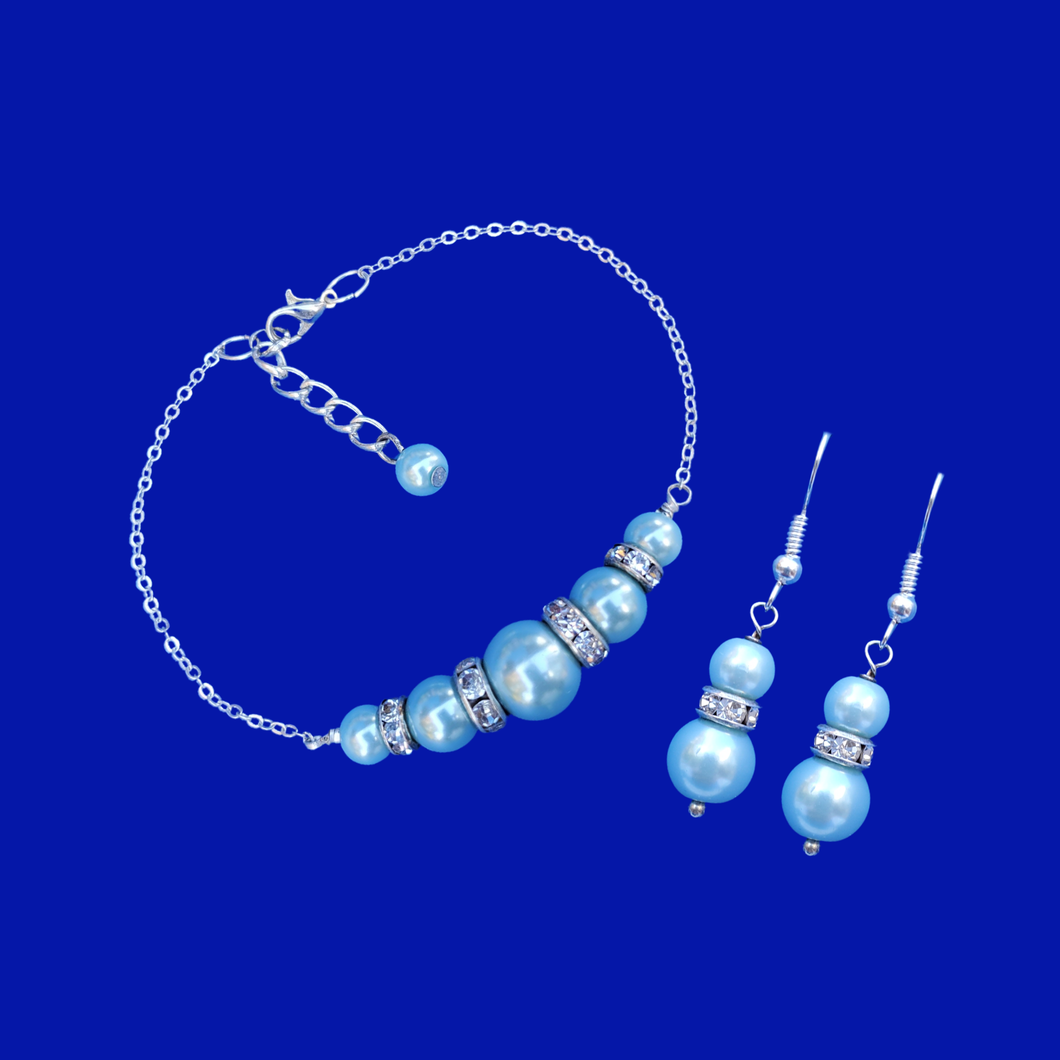 Pearl Jewelry Set - Bracelet Sets - Earring Sets, pearl crystal bar bracelet drop earring jewelry set, dark blue or custom color