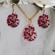 Load image into Gallery viewer, Handmade real flower teardrop pendant accompanied by a matching pair of drop earrings made with rose petals preserved in resin. - Teardrop Jewelry, Flower Jewelry, Jewelry Sets