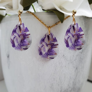 Handmade real flower teardrop pendant accompanied by a matching pair of drop earrings made with purple statice preserved in resin. - Teardrop Jewelry, Flower Jewelry, Jewelry Sets