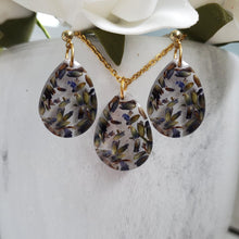 Load image into Gallery viewer, Handmade real flower teardrop pendant accompanied by a matching pair of drop earrings made with lavender preserved in resin. - Teardrop Jewelry, Flower Jewelry, Jewelry Sets