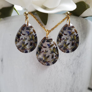 Handmade real flower teardrop pendant accompanied by a matching pair of drop earrings made with lavender preserved in resin. - Teardrop Jewelry, Flower Jewelry, Jewelry Sets