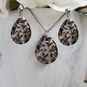 Handmade real flower teardrop pendant accompanied by matching stud earrings made with lavender preserved in clear resin. - Flower Jewelry, Teardrop Jewelry, Jewelry Sets