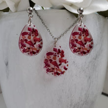 Load image into Gallery viewer, Handmade real flower teardrop pendant accompanied by matching stud earrings made with red rose petals preserved in clear resin. - Flower Jewelry, Teardrop Jewelry, Jewelry Sets