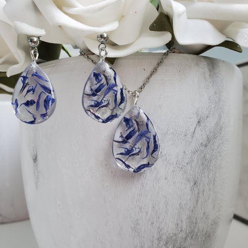 Handmade real flower teardrop pendant accompanied by matching stud earrings made with blue cornflower preserved in clear resin. - Flower Jewelry, Teardrop Jewelry, Jewelry Sets