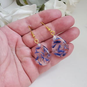 Handmade real flower teardrop earrings made with blue cornflower preserved in resin. - Teardrop Jewelry, Flower Jewelry, Jewelry Sets