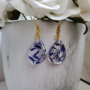 Handmade real flower teardrop earrings made with blue cornflower preserved in resin. - Teardrop Jewelry, Flower Jewelry, Jewelry Sets