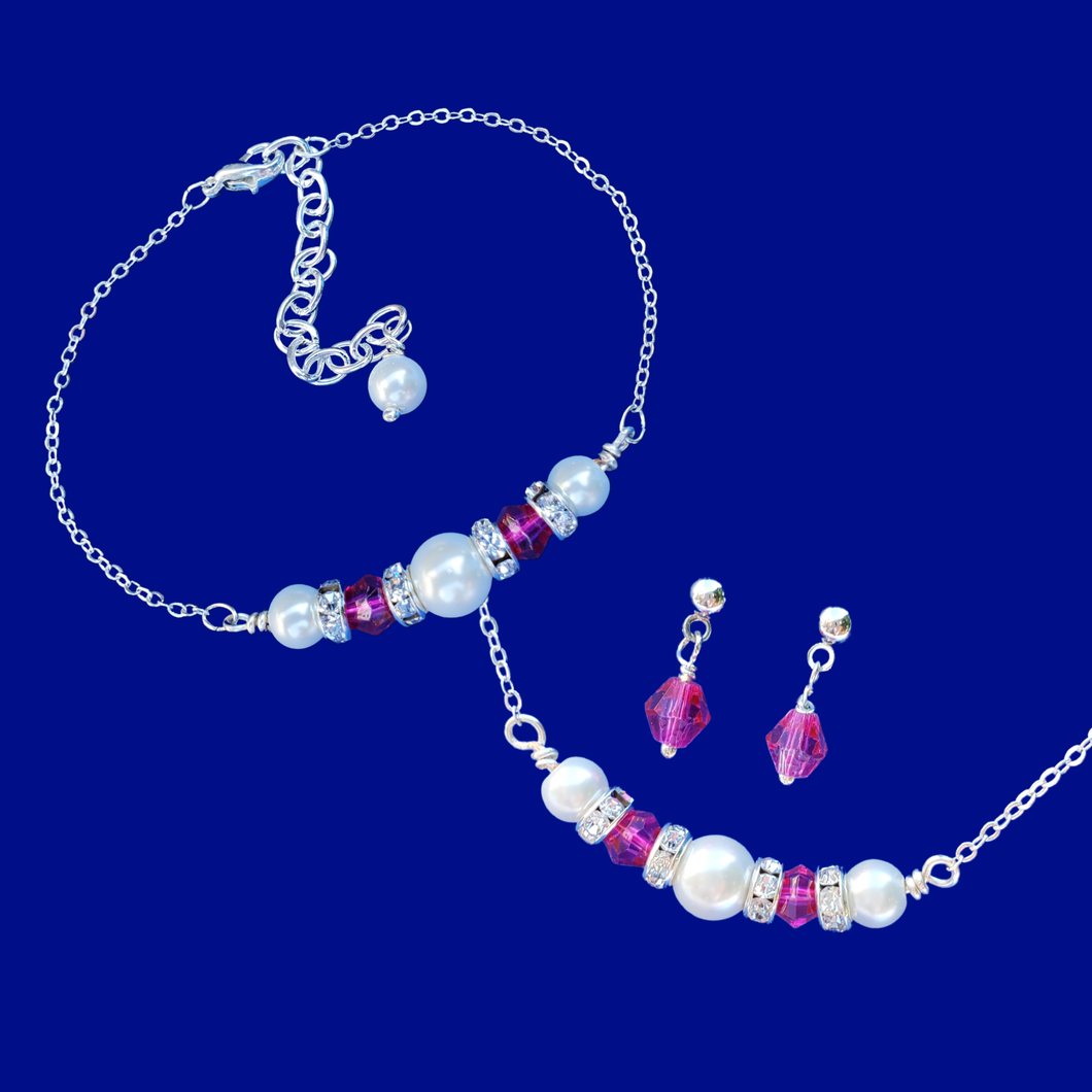 Bridal Sets - Stud Earrings Set - Jewelry Set, handmade pearl and swarovski crystal bar necklace accompanied by a matching bracelet and a pair of crystal stud earrings, white and pink or custom color