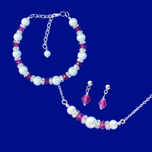Load image into Gallery viewer, Jewelry Sets - Pearl Necklace Set - Bridal Sets - handmade pearl and swarovski crystal bar necklace accompanied by a bracelet and a pair of crystal stud earrings, white and rose pink or custom color