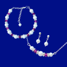 Load image into Gallery viewer, Jewelry Set - Pearl Set - Bridal Jewellery Set - handmade pearl and swarovski crystal bar necklace accompanied by a bracelet and a pair of pearl stud earrings, white and rose pink or custom color