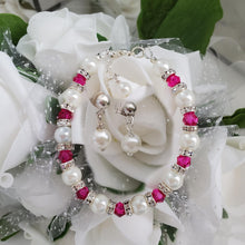Load image into Gallery viewer, Handmade pearl and swarovski crystal bracelet accompanied by a pair of dangle pearl stud earrings - white and rose red (pink) or custom color - Bracelet Sets - Bridal Jewelry Set - Pearl Set