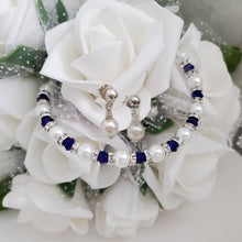Load image into Gallery viewer, Handmade pearl and swarovski crystal bracelet accompanied by a pair of dangle pearl stud earrings - white and deep blue or custom color - Bracelet Sets - Bridal Jewelry Set - Pearl Set