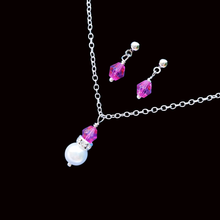 Load image into Gallery viewer, Necklace And Earring Set - Bridesmaid Proposal - handmade pearl and crystal drop necklace accompanied by a pair of crystal stud earrings, pink and white or custom color