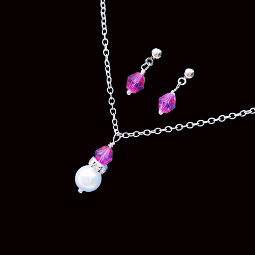 Necklace And Earring Set - Bridesmaid Proposal - handmade pearl and crystal drop necklace accompanied by a pair of crystal stud earrings, pink and white or custom color