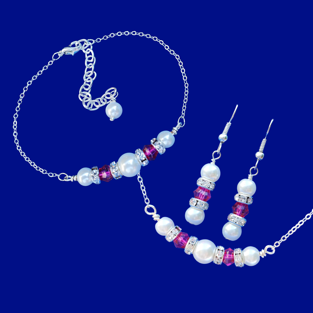 handmade pearl and crystal bar necklace accompanied by a matching bracelet and a pair of drop earrings